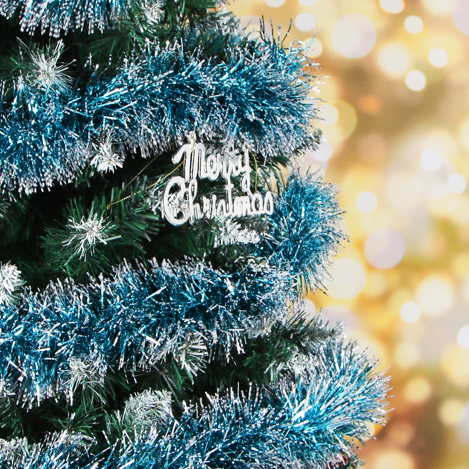 Aurasky Guirnalda Navidad Azul Claro y Turquesa - Espumillón 10m, Brillante Metálica para Árbol - Oropel Decoración