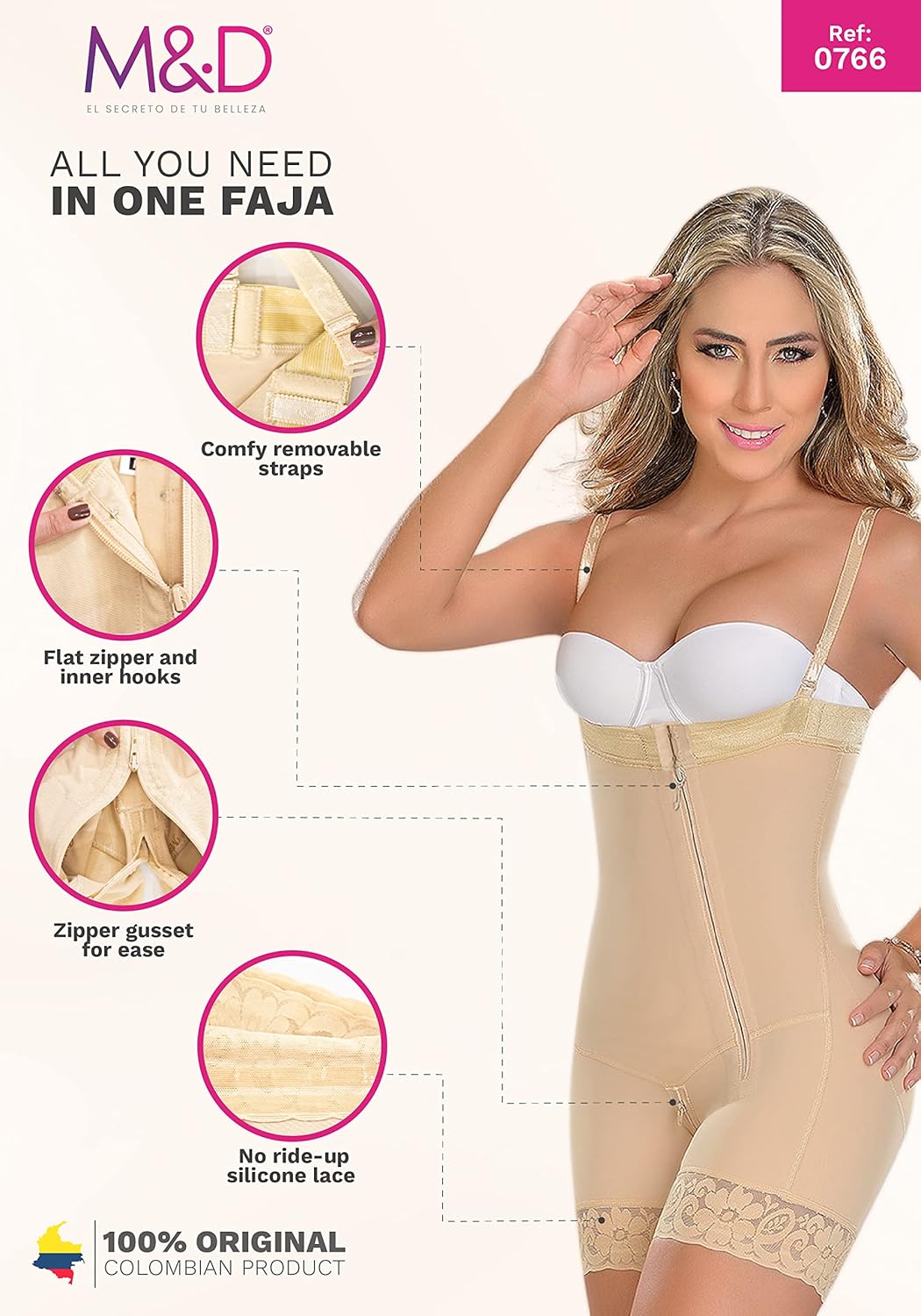 M&D 0766 Full Body Shaper Mid Thigh Bodysuit | Fajas Levanta Cola Colombianas - Image 3