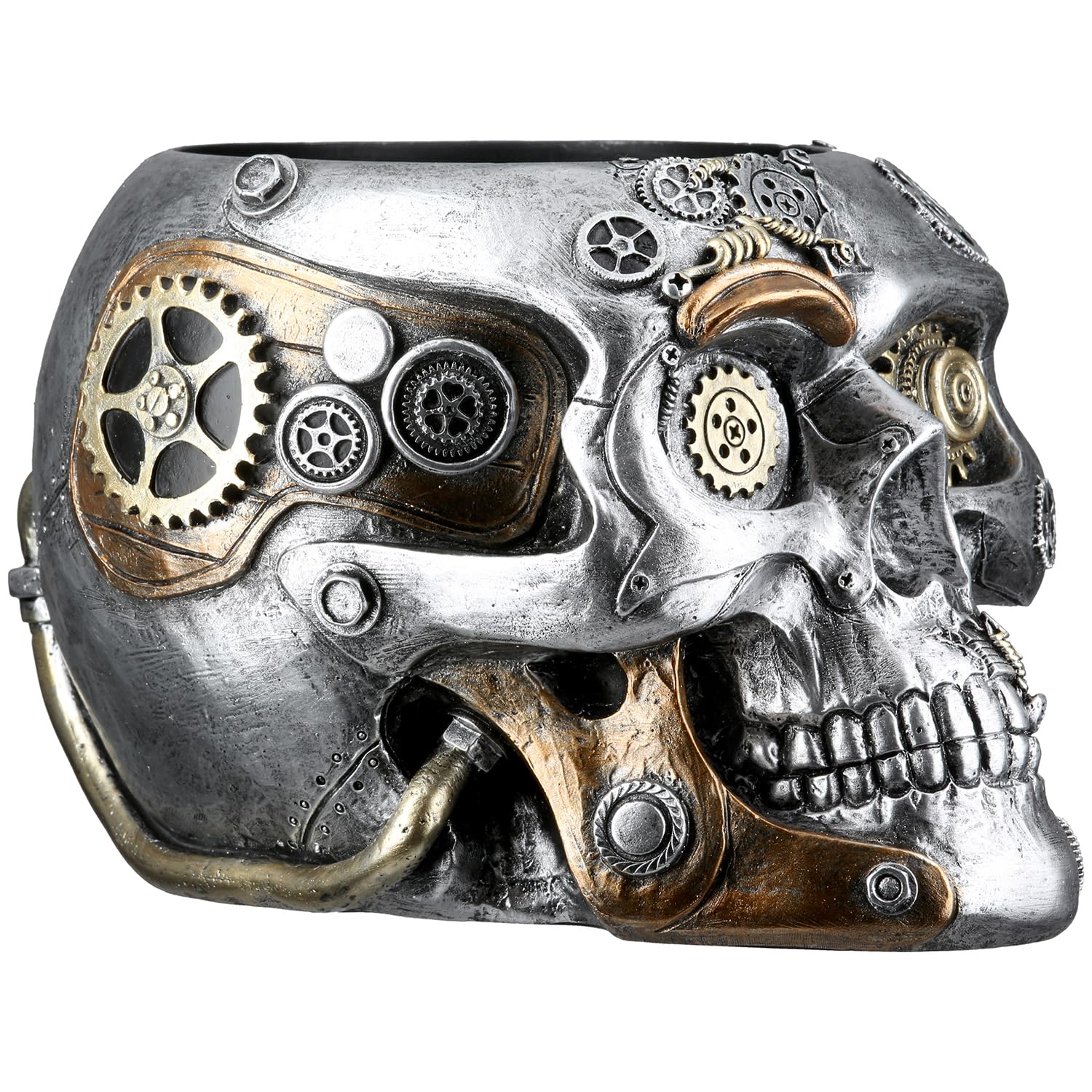 GILDE Steampunk Skull Planter - Portavaso in resina artificiale, altezza 14 cm x larghezza 18 cm, colore argento, finitura anticata, motivo ingranaggi, teschio