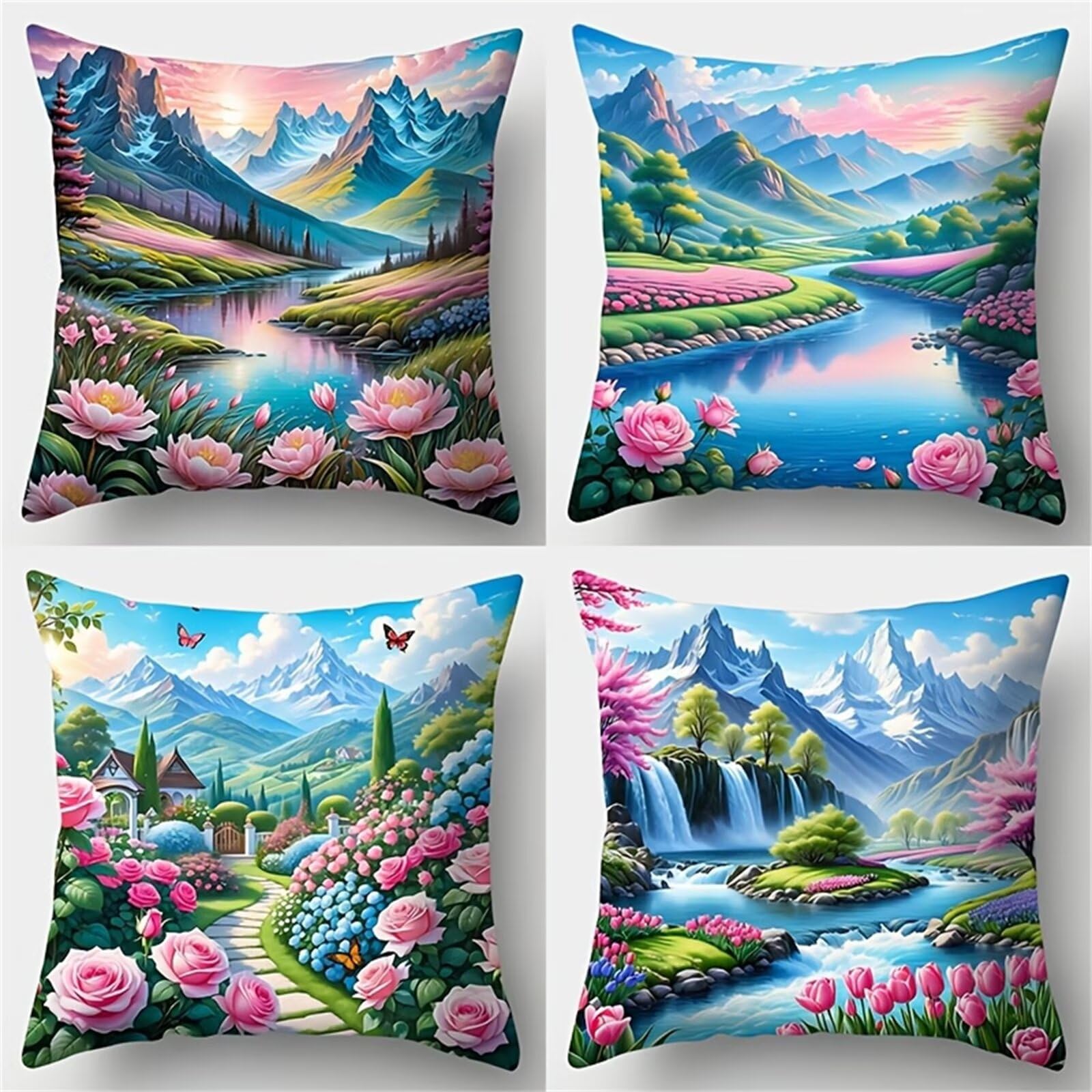 Heaen Outdoor Cushions Covers Waterproof 35x35 cm Set of 4 Square Linen Pillow Cases Landscapes Flowers Decorative Dushions for Sofa Porch Patio Home Decor