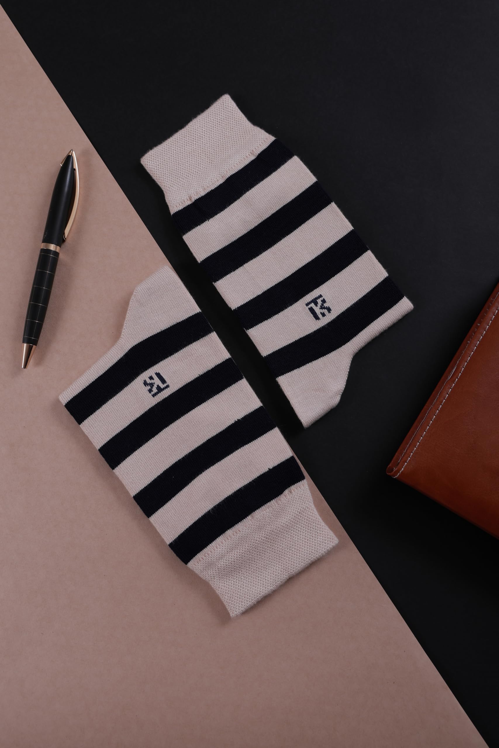 KIKITOES Bamboo Crew Socks for Men, Anti-Odour Moisture Wicking Breathable Seamless Toe, Stay-Up Formal Office Dress & Casual Socks, Free Size UK 6-11, Pack of 1, Beige with Navy Blue Stripes 3