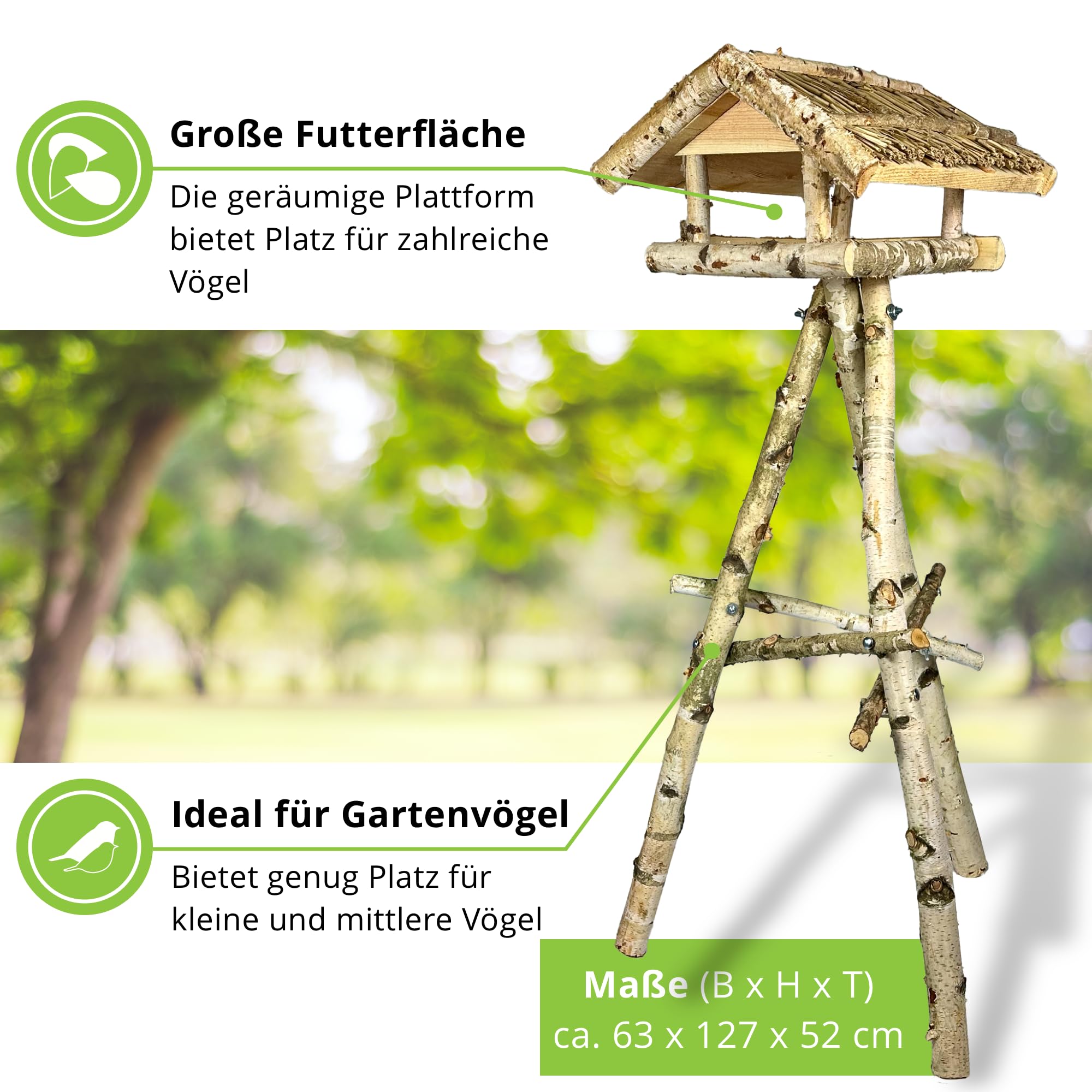 GARTENETAGE Vogelhaus Birke mit Reetdach/Vogelhaus mit Ständer wetterfest und stabil/Vogelfutterhaus mit Ständer/Robustes Vogelhäuschen für Ihren Garten