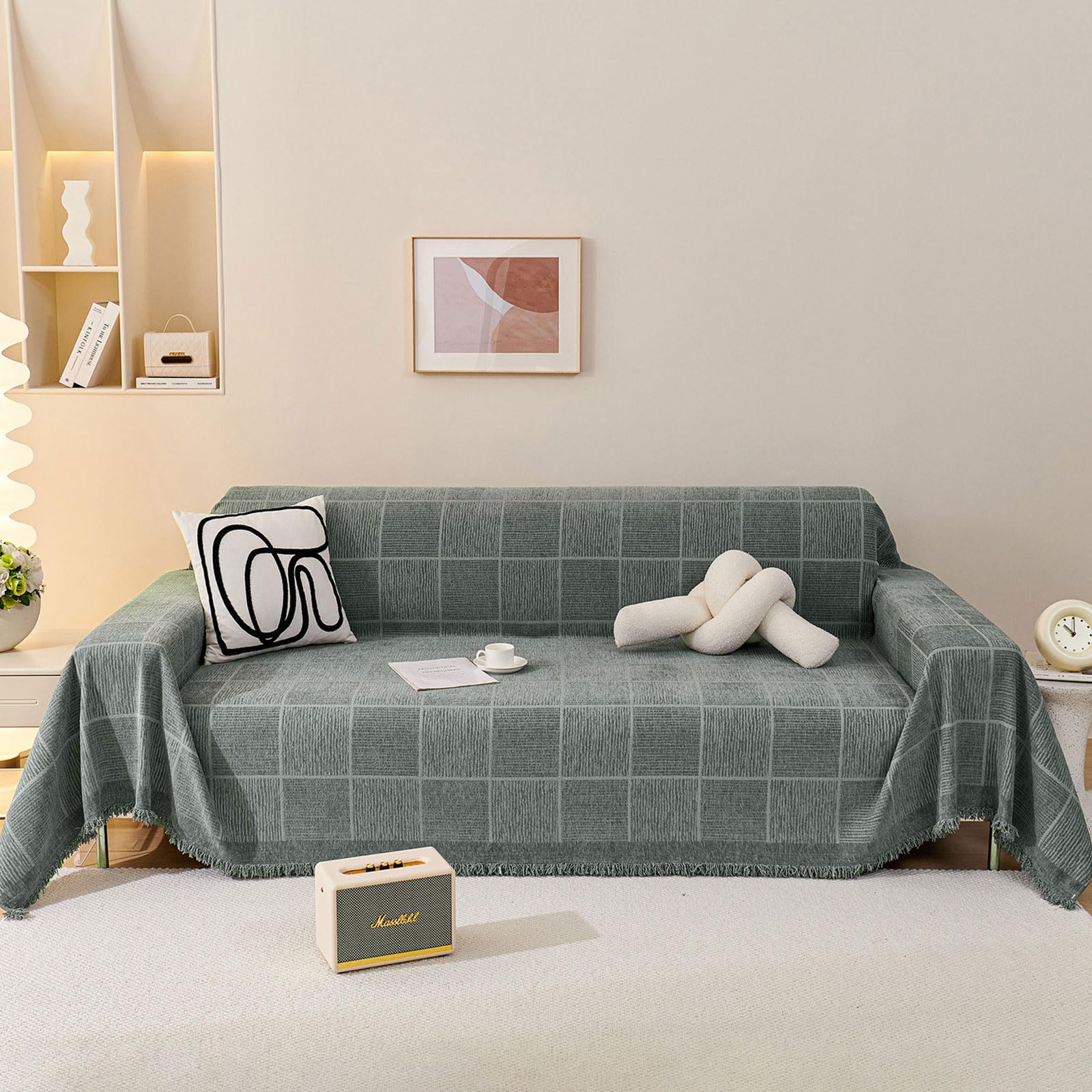 ROOMLIFE Sofa Covers for 3 Cushion Couch Boho Style Grey Block Sectional Couch Covers Practical Futon Sofa Slipcover Versatile Couch Cover Blanket for Dogs Cats Couch Protector, 71"x150"