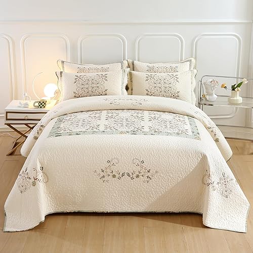 vctops Juego de edredón de retazos de granja, tamaño Queen, elegante colcha acolchada de algodón bordado floral ligero, reversible, con 2 fundas de disponible en Yaxa Colombia