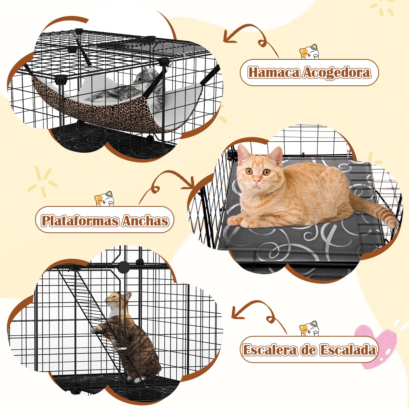 GYMAX Jaula Interior de 3 Niveles para Gatos, con Hamaca, 2 Escaleras, Panel Desmontable, Alambre Metálico y 3 Puertas Bloqueables, Apta para 1-3 Mascotas