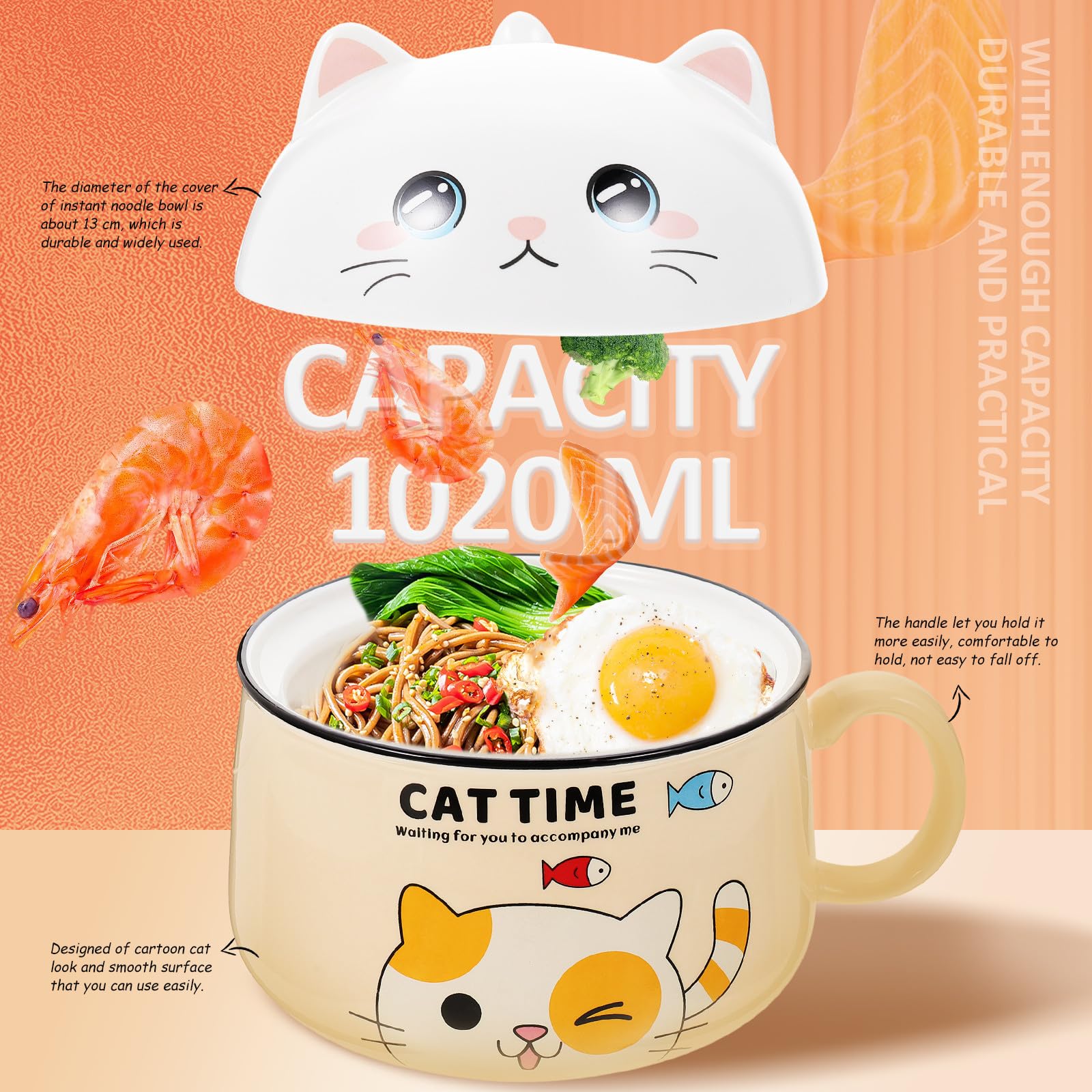IMIKEYA Tazón de Cerámica Amarillo Diseño de Gato para Sopa y Arroz, Multifuncional sin Rebabas, Adecuado para Comedor y Uso en Casa