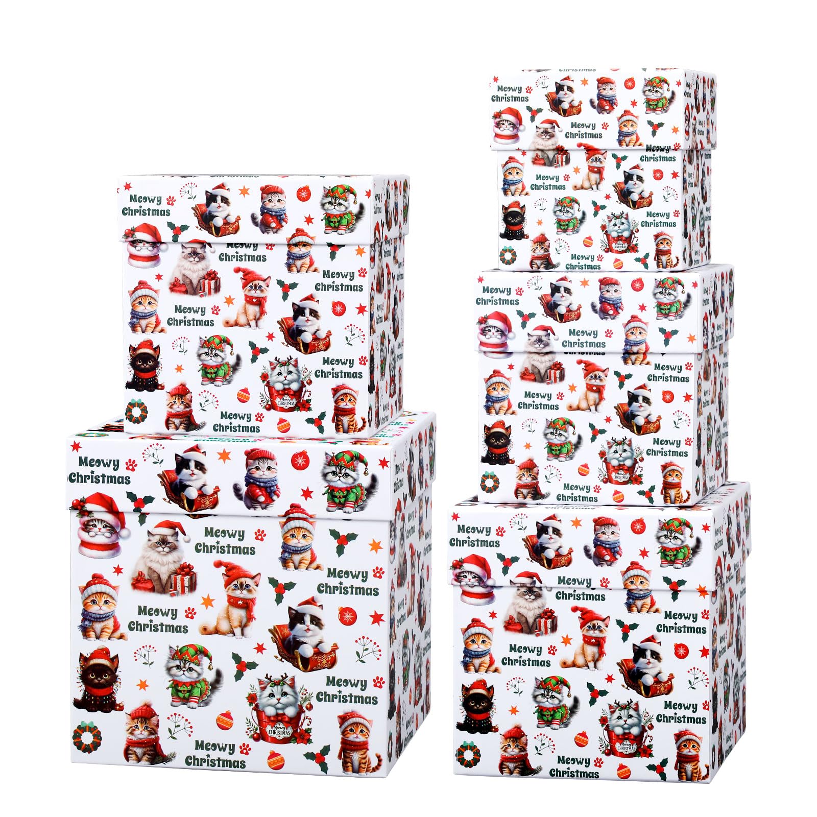 Roowest 5 Pcs Christmas Nesting Gift Boxes with Lids Cat Square Stackable Cardboard Nested Gift Boxes Xmas Wrap Paper Decorative Packaging for Christmas Holiday Party Present