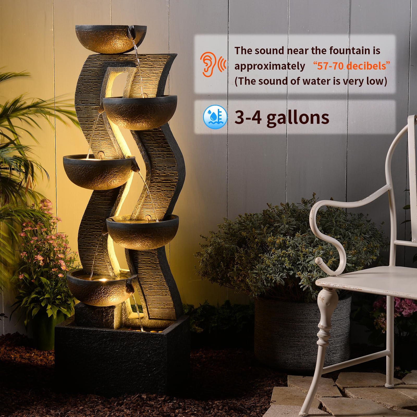 Sunlinua Moderner Krug-Gartenbrunnen und Wasserfall mit LED-Beleuchtung – Kaskadierendes Wasserspiel für Garten, Terrasse oder Veranda, großer freistehender Gartenbrunnen aus Harz, 135,5 cm