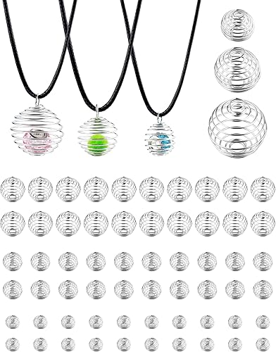 JIALEEY Colgantes de jaulas de cuentas en espiral, 60 unidades, 3 tamaños, chapado en plata, soporte para collar, jaula, hallazgos para fabricación