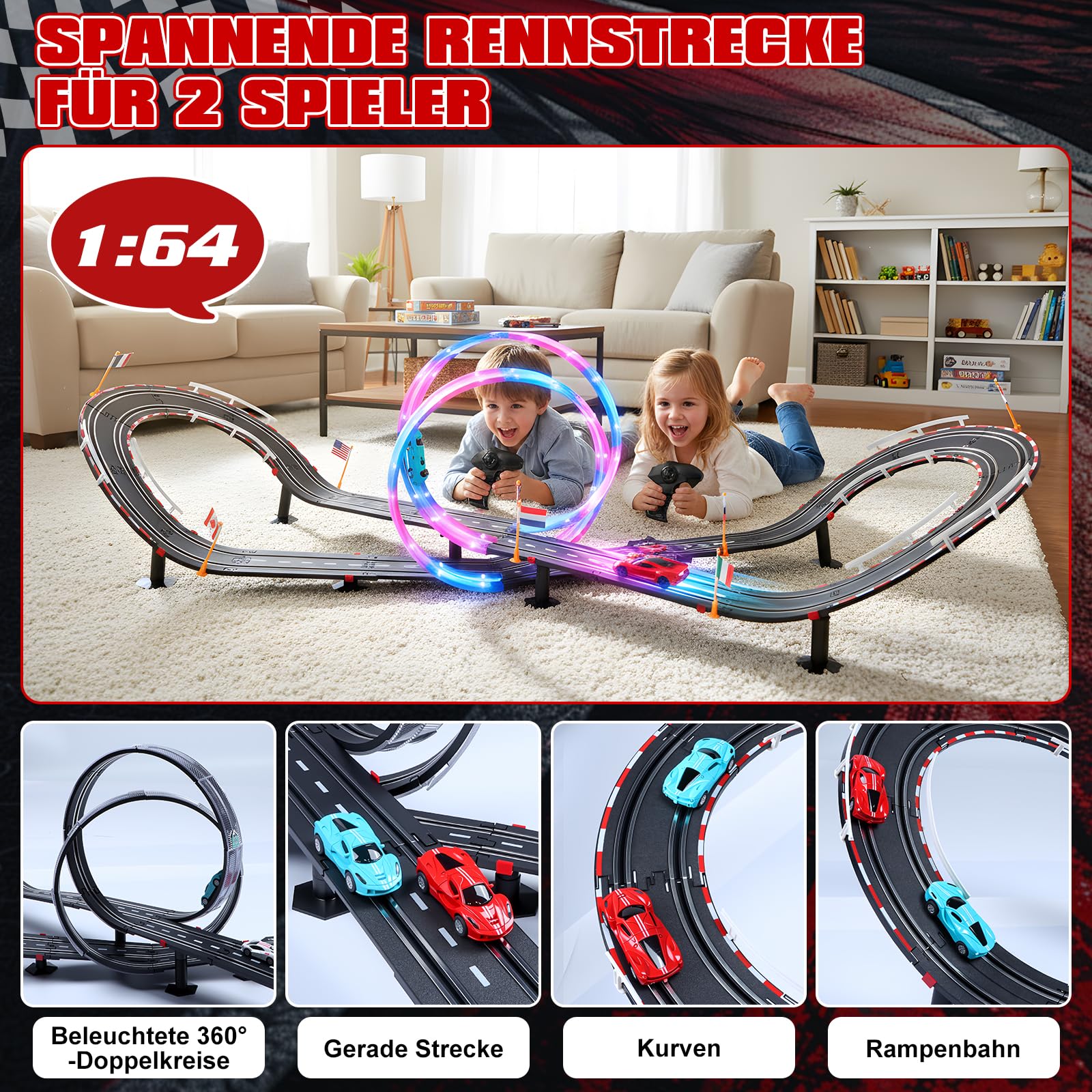 Elektrische Rennbahn Kinder, Autorennbahn Beleuchtete Elektrische Rennstrecke 1:64 Autobahn - 4 LED Auto, Rundenzähler, 360°-Looping, Rennstrecke Auto Spielzeug für Kinder 3 6-12 Jahre (L)