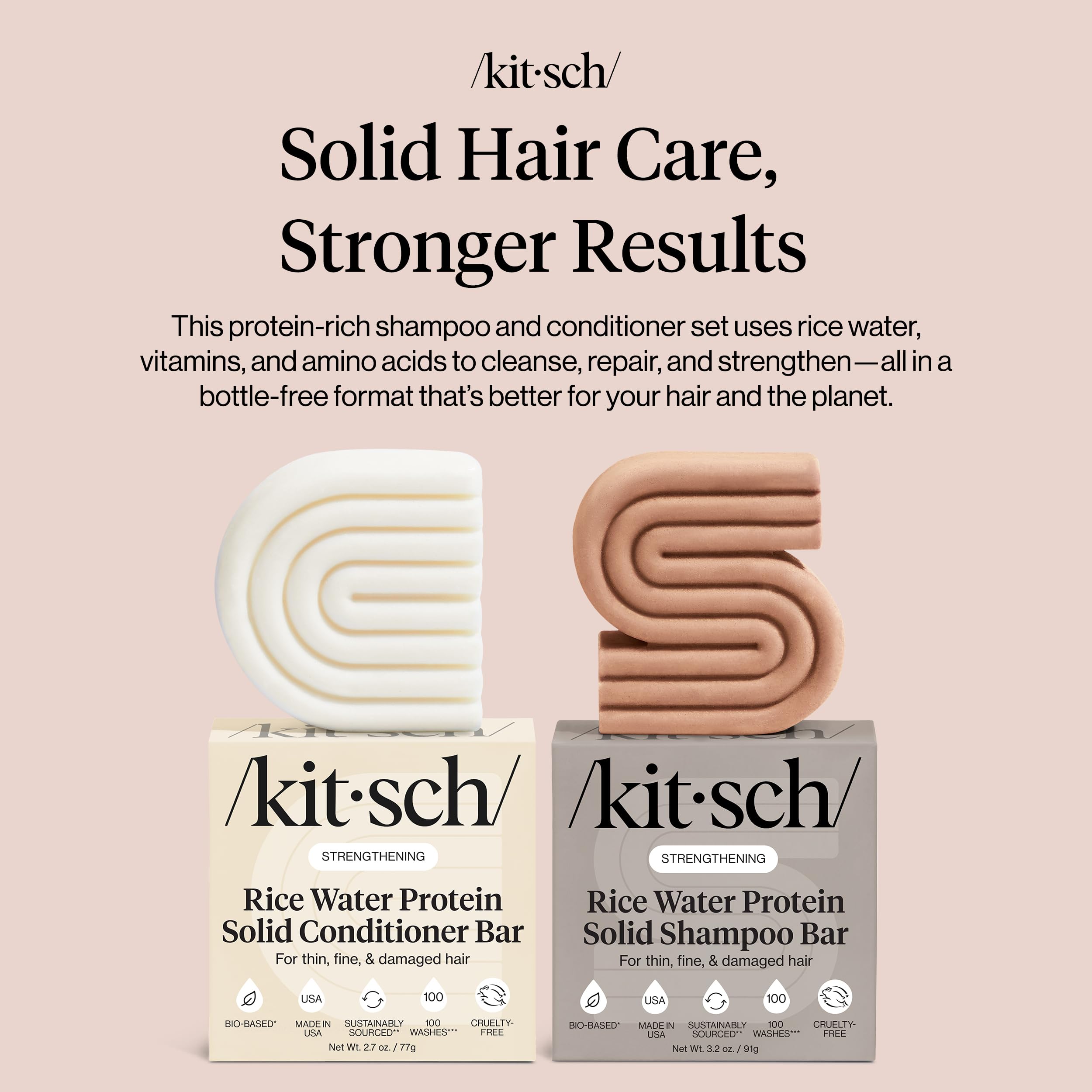 Kitsch Rice Water Protein Solid Shampoo and Conditioner Set for Hair Growth – Strengthening Hair Care Duo w/Rice Protein & Vitamins for Damage Repair – Paraben, Sulfate & Silicone Free, Made in USA