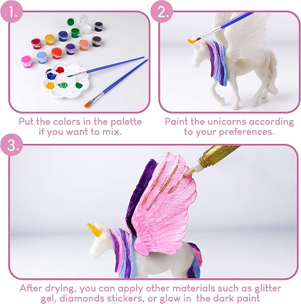 BONNYCO Unicornios para Niñas Figuras para Pintar Kit con 18 Unicornios. Set Manualidades Niñas, Juguetes con Brillo en la Oscuridad 3 4 5 6 7 8 9 10 Años. Regalos Niños en Cumpleaños y Navidad - 3