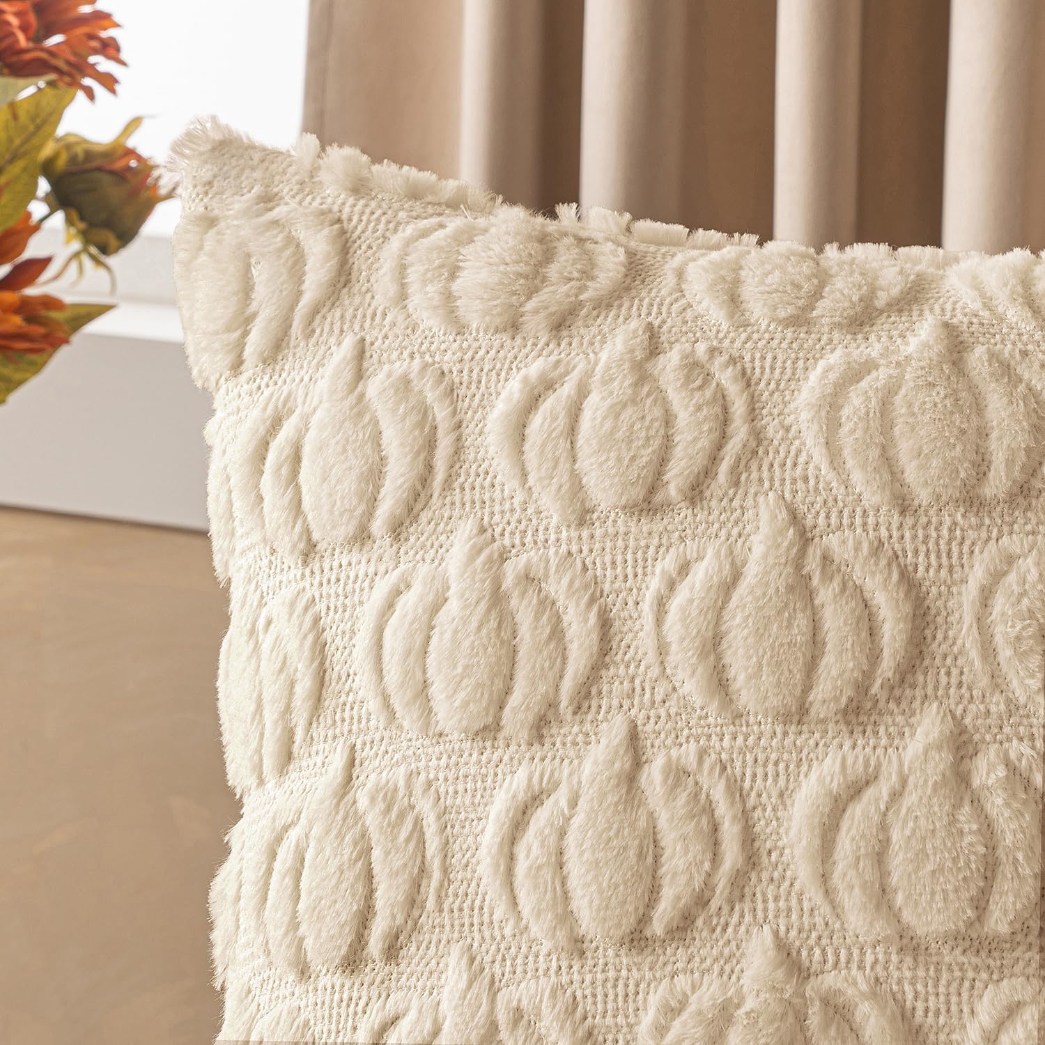 Woaboy Fall Throw Pillow Covers 18 x 18 Pumpkin Decorative Halloween Thanksgiving Autumn Pillow Covers Soft Plush Faux Wool for Chair Porch Sofa Bedroom Living Room Home Decor, Set of 2,Beige