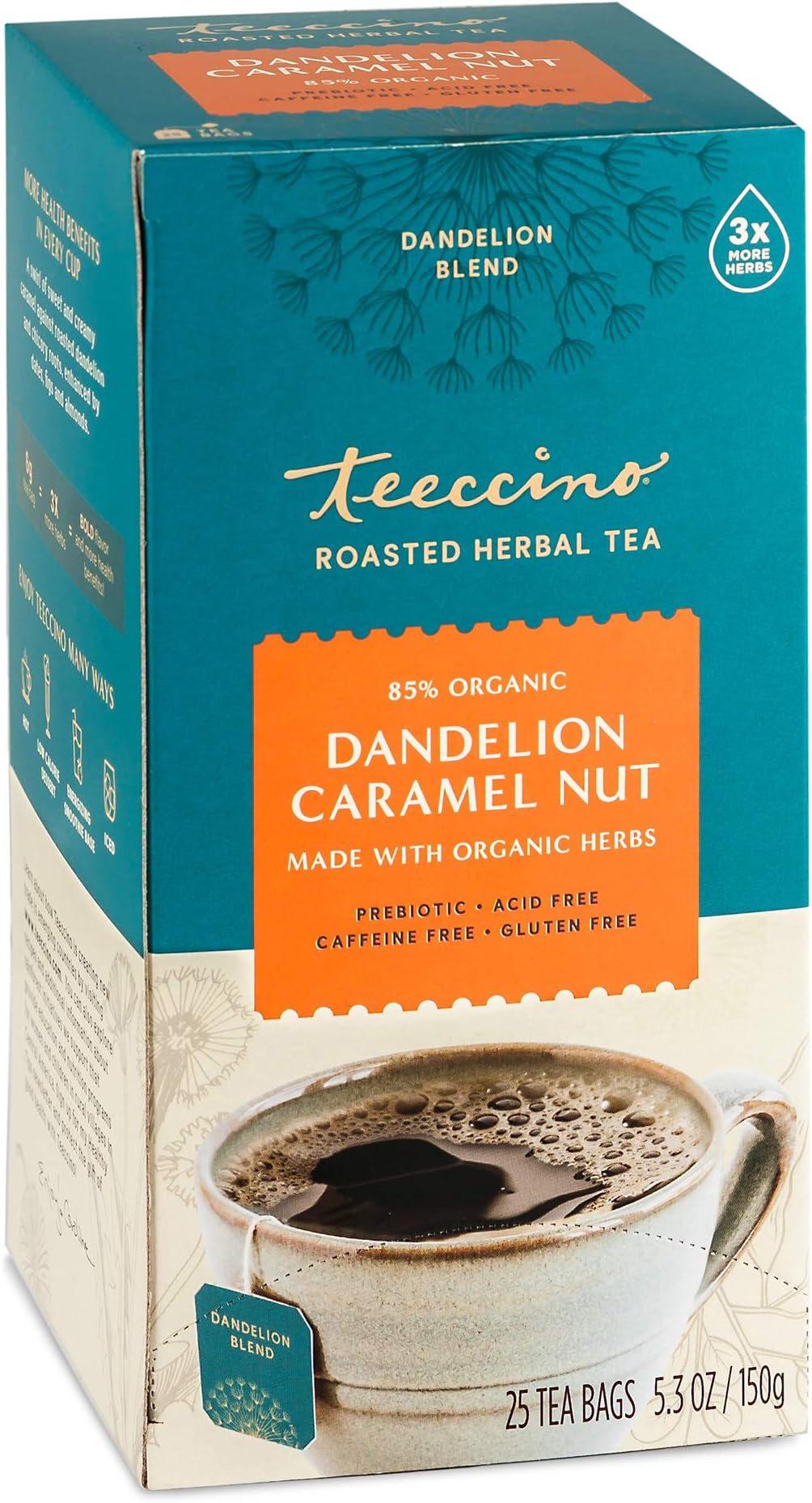 Dandelion Caramel Nut Chicory Herbal Tea, Caffeine Free, Acid Free, Prebiotic Coffee Substitute, 25 Tea Bags