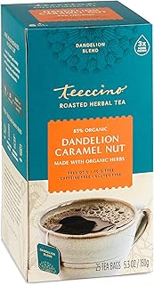Dandelion Caramel Nut Chicory Herbal Tea, Caffeine Free, Acid Free, Prebiotic Coffee Substitute, 25 Tea Bags