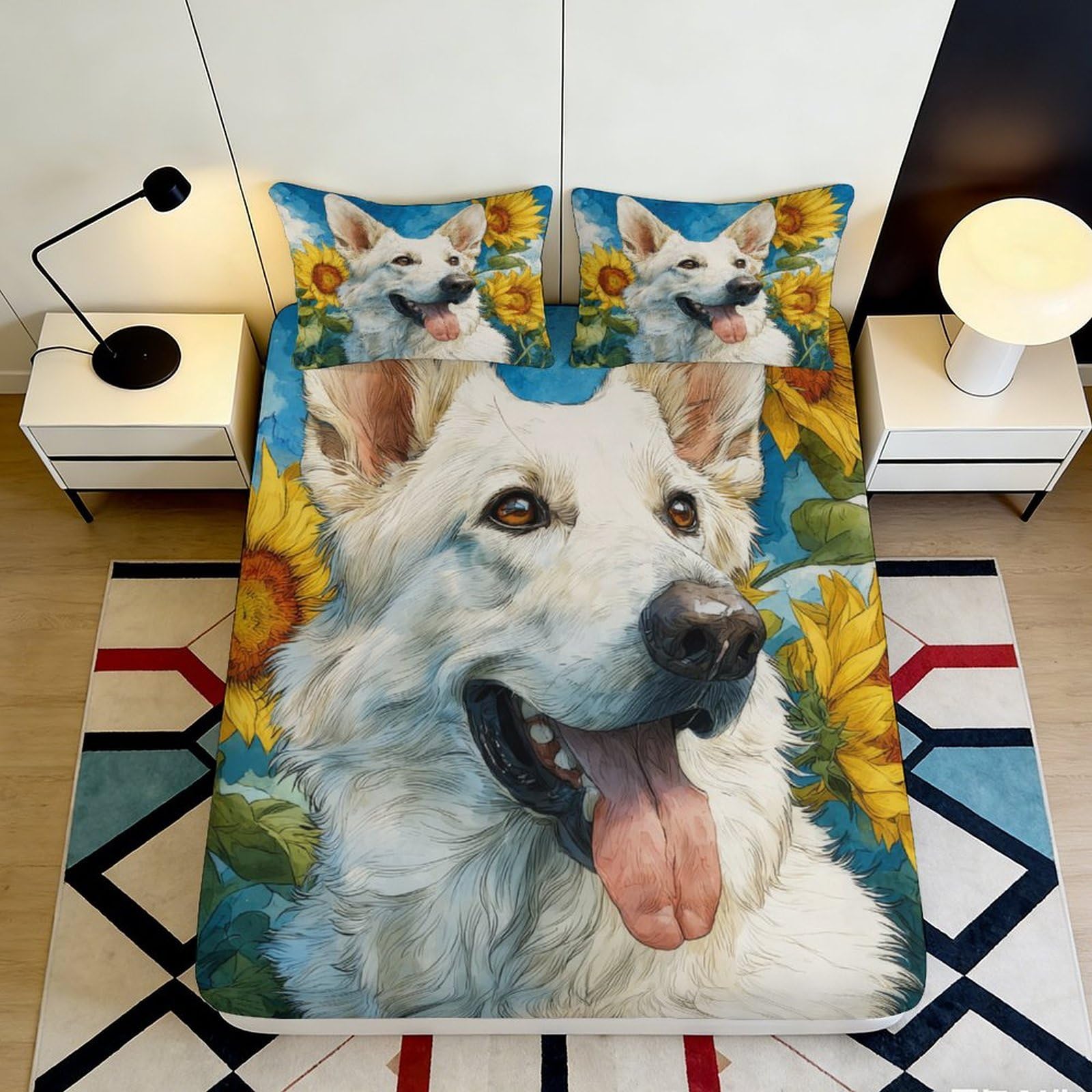 3D Printed White Shepherd Dog Fitted Sheet Microfiber Sunflower Bed Cover for Bedroom Guest Room Decor Protection 90x200x25cm
