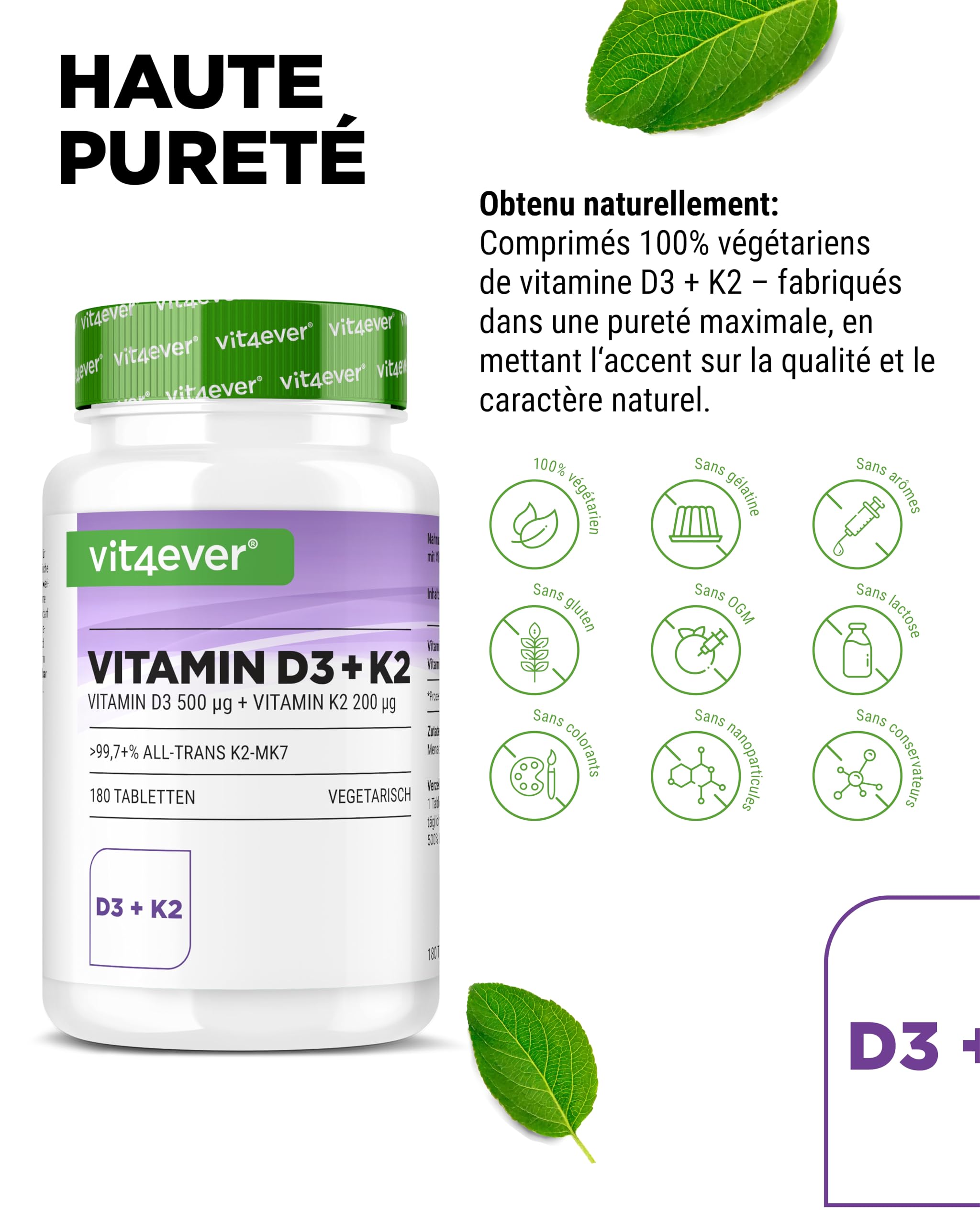 Vitamine D3 + K2 MK-7-180 Comprimés - 20.000 U.I. (500µg) Vitamine D3 & 200µg K2 par Comprimé - Matière Première Premium: 99,7+% All-Trans - Haute Pureté - Forte Dose - Végétarien