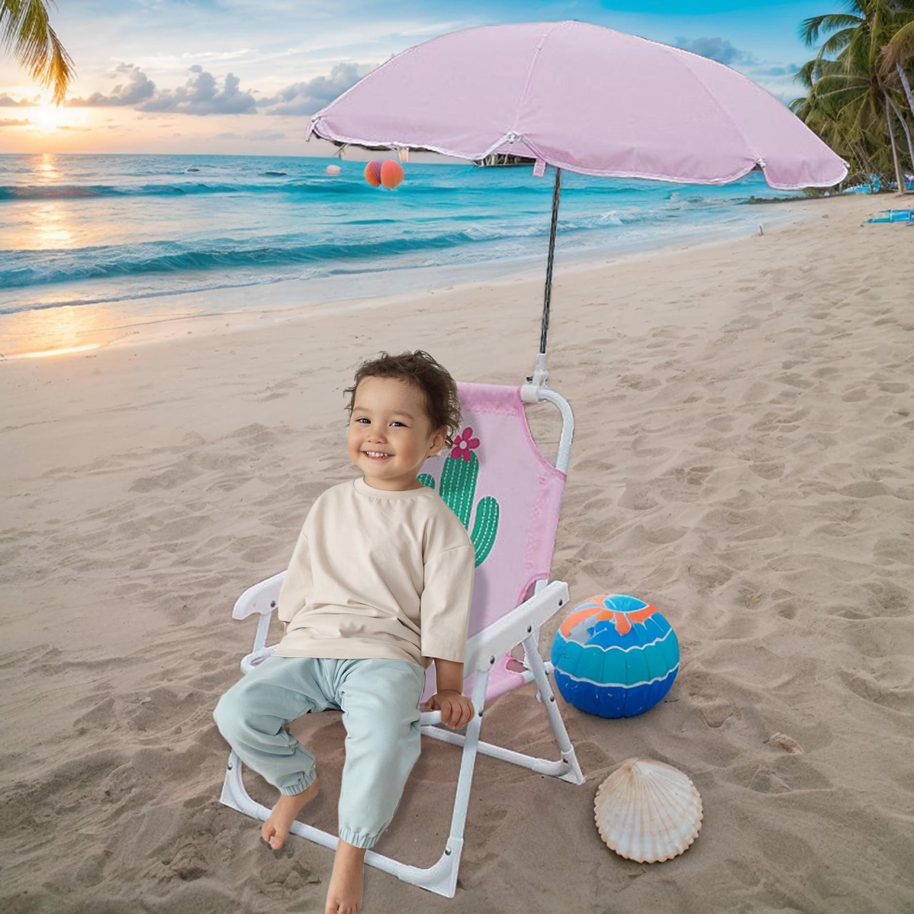Chaise de Plage pour Enfants avec Parapluie, Pliable et détachable Portable Tissu Oxford Chaise de Plage pour Enfants Mignon avec canopée pour l'été extérieur, Cactus