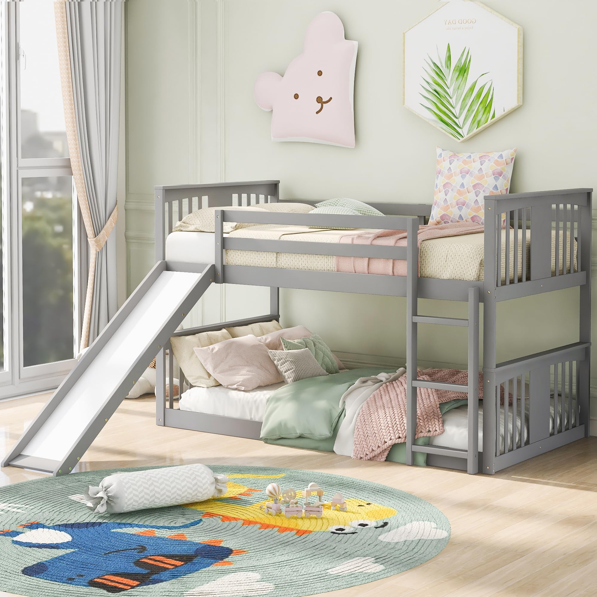 Montessori Twin Over Twin Bunk Bed with Slide and Guardrail, Kids Low Bunk Bed Gray