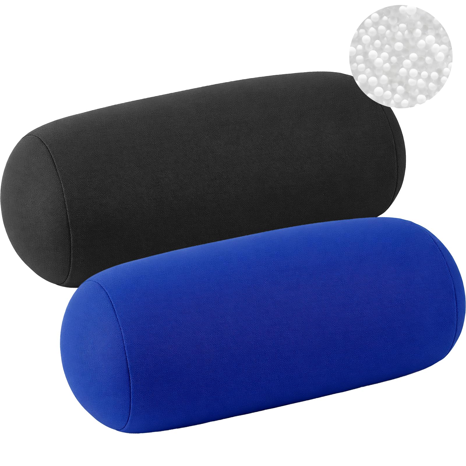 Xaztr 2 Pcs Microbead Roll Pillow, Neck Support Cylindrical Pillow Soft Bolster Micro Bead Pillows for Sleeping Home Travel Neck Head Back Support, 30x16cm (Black, Blue)