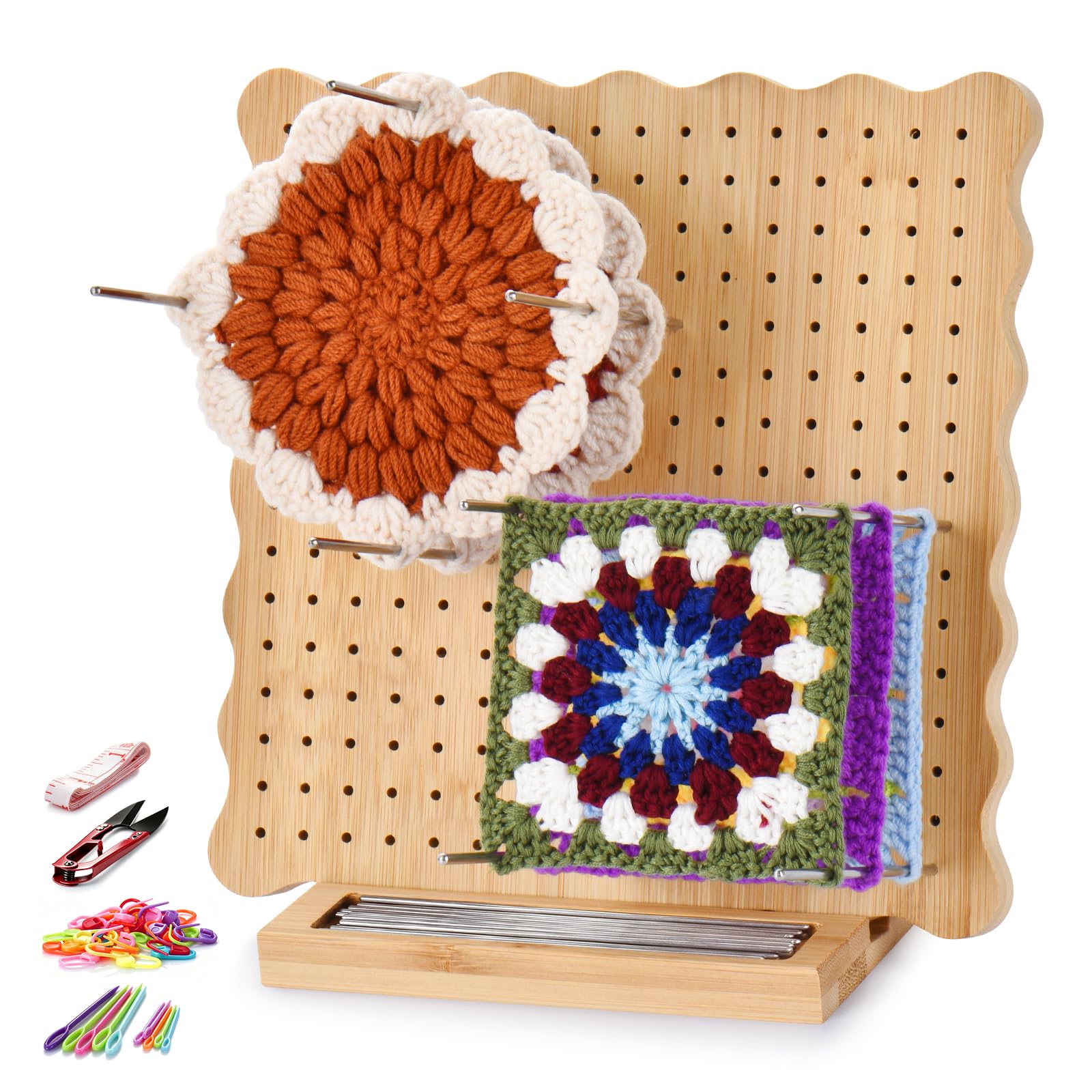 LIVSMON 9.1" Crochet Blocking Board with Pins, Handcrafted Knitting Blocking Mat Board with 20 Stainless Steel Pegs for Knitting Crochet and Granny Squares, Gifts for Grand Mothers, Mothers