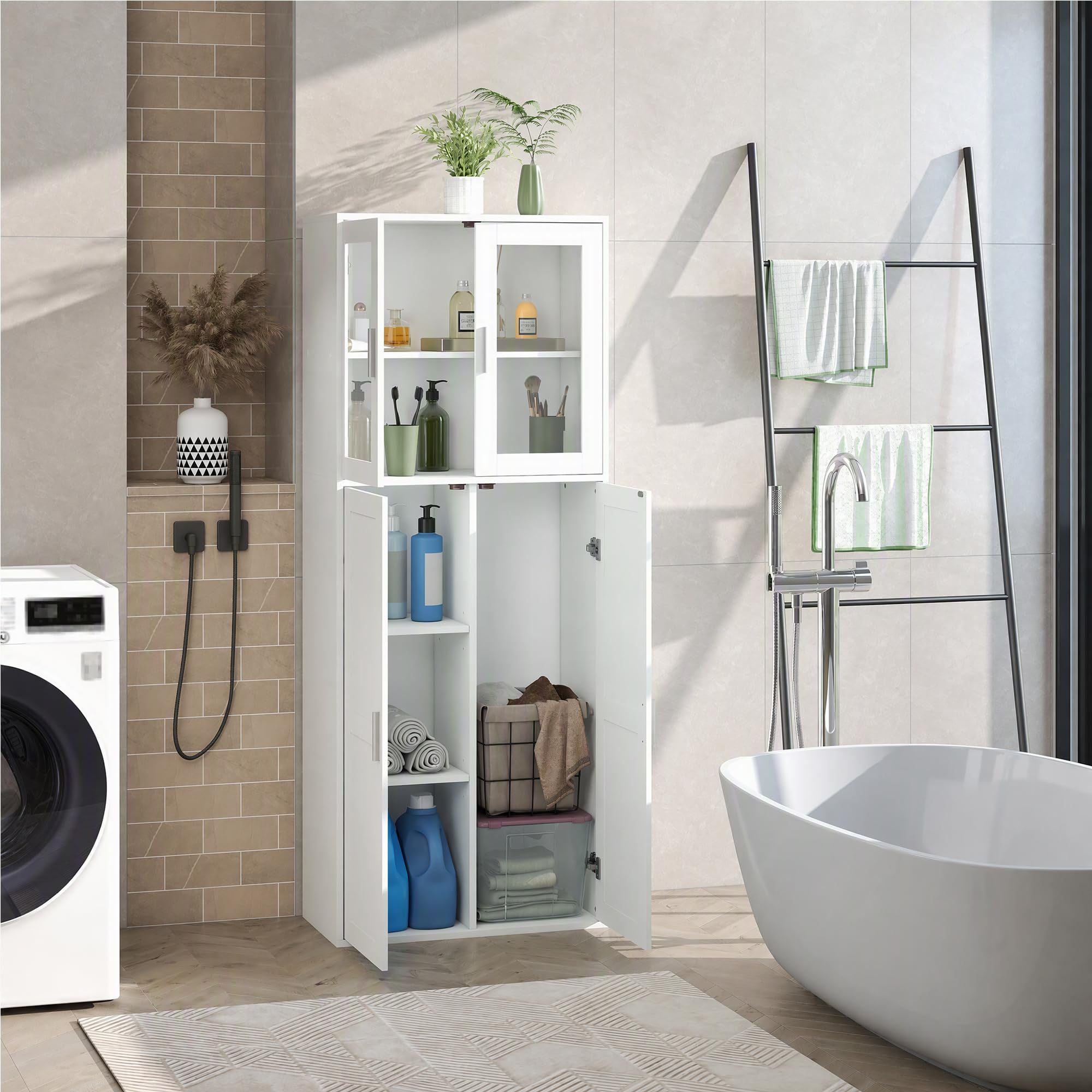 1 Pieza Armario de Cocina, Armario Escobero Exterior para Escobas Aparador Alto Estante con Puertas y Estante Ajustable Armarios para Baño/Cocina/Sala de Estar/Comedor/Pasillo/Blanco/65×30×165CM