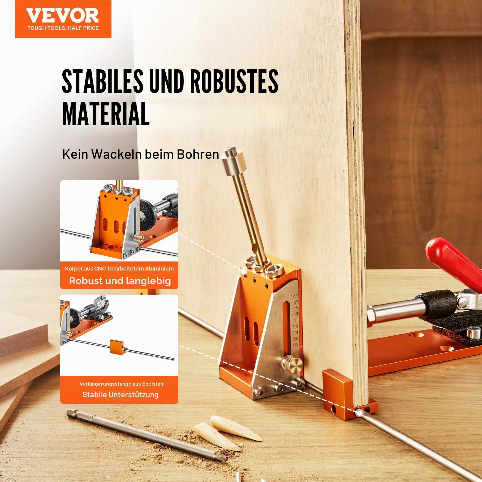 VEVOR Pocket Hole Jig Kit Dreitaschenloch mit Schraubenschlüssel & Vierkantantriebsbits, Dübelhilfe Bohrlehre zum Bohren von Taschenlöchern und Schräglöchern, Bohrhilfe für Holzbearbeitung