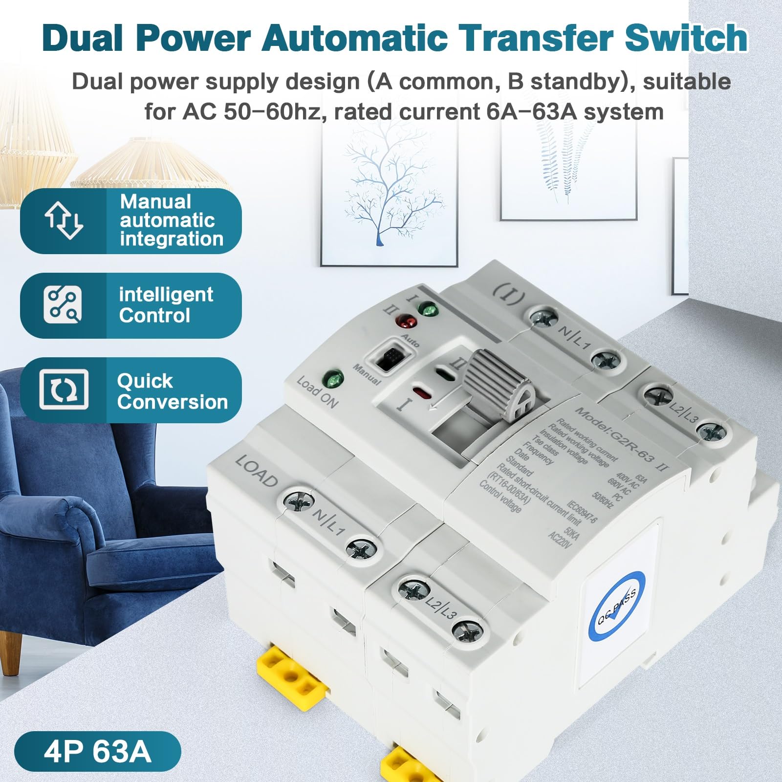 DEWIN Automatischer Transferschalter ATS G2R 4P 63A DIN-Schiene Dual Power 400V