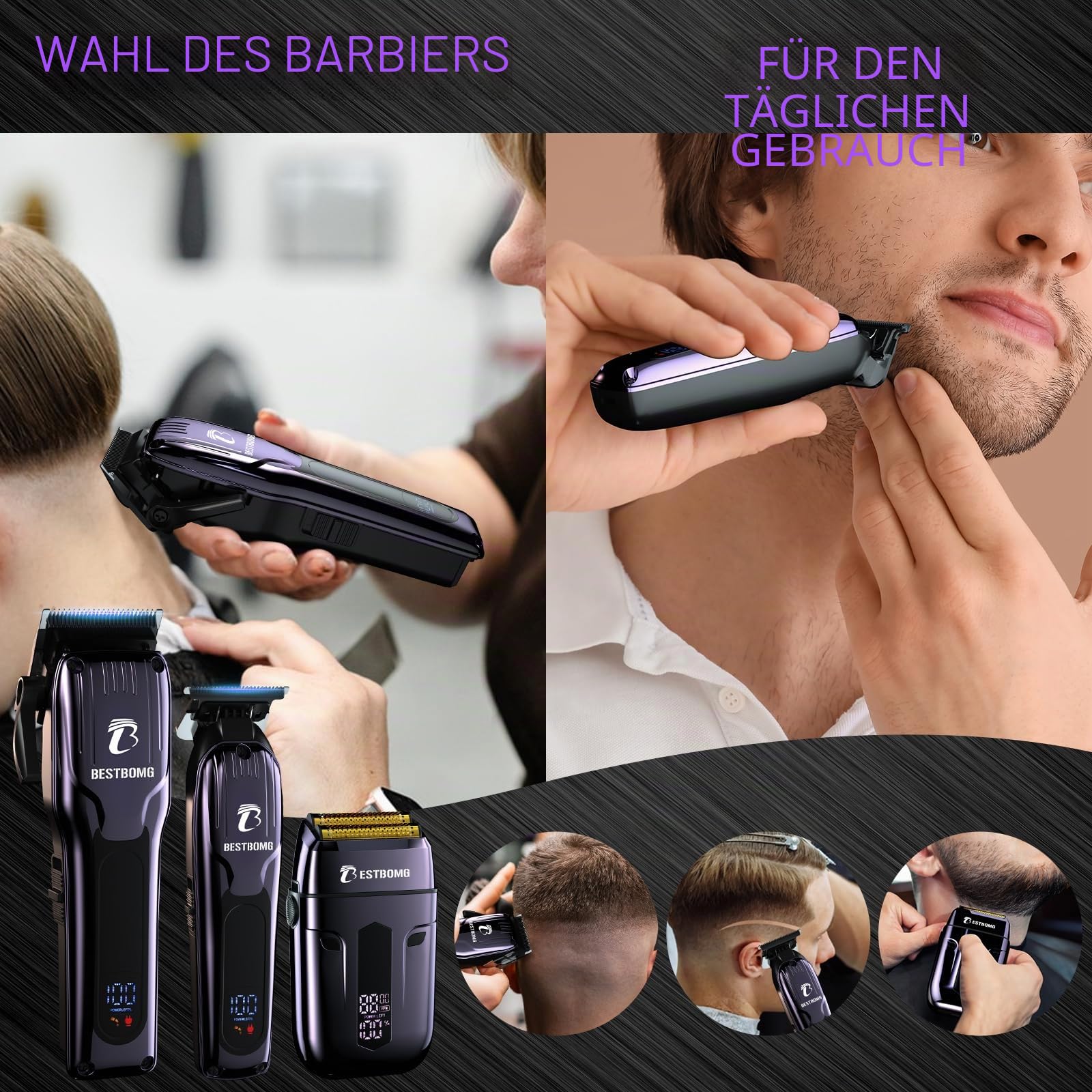 BESTBOMG® Haarschneidemaschine für Männer, professionelle Haarschneidemaschine, Bartschneider & wiederaufladbares Rasierer-Set, Metall-T-Klinge, LED-Display, Friseur-Haarschneide-Set für Männerpflege