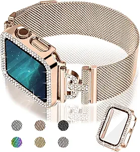 JOYOZY Magnetic Band Compatible with Apple Watch Band 38mm 40mm 41mm 42mm 44mm 45mm 46mm Milanese Strap with Bling Glitter Case Built-in Screen Protector Dressy Stainless Steel iWatch Loop for Women
