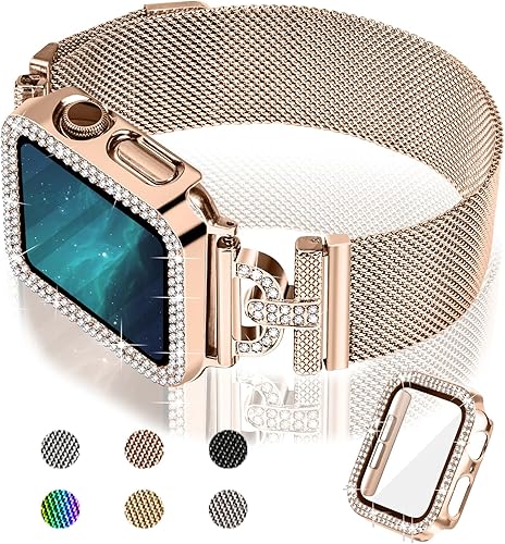 JOYOZY Magnetic Band Compatible with Apple Watch Band 38mm 40mm 41mm 42mm 44mm 45mm 46mm Milanese Strap with Bling Glitter Case Built-in Screen Protector Dressy Stainless Steel iWatch Loop for Women