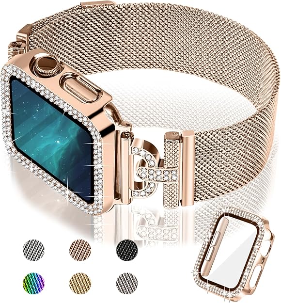 JOYOZY Magnetic Band Compatible with Apple Watch Band 38mm 40mm 41mm 42mm 44mm 45mm 46mm Milanese Strap with Bling Glitter Case Built-in Screen Protector Dressy Stainless Steel iWatch Loop for Women