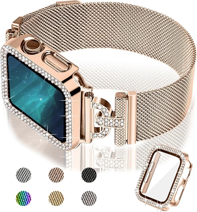 JOYOZY Magnetic Band Compatible with Apple Watch Band 38mm 40mm 41mm 42mm 44mm 45mm 46mm Milanese Strap with Bling Glitter Case Built-in Screen Protector Dressy Stainless Steel iWatch Loop for Women