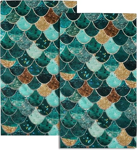 Giwawa Juego de 2 toallas de mano de sirena, toalla de mano más grande, color verde azulado dorado, escamas de pez turquesa, toalla de mano más