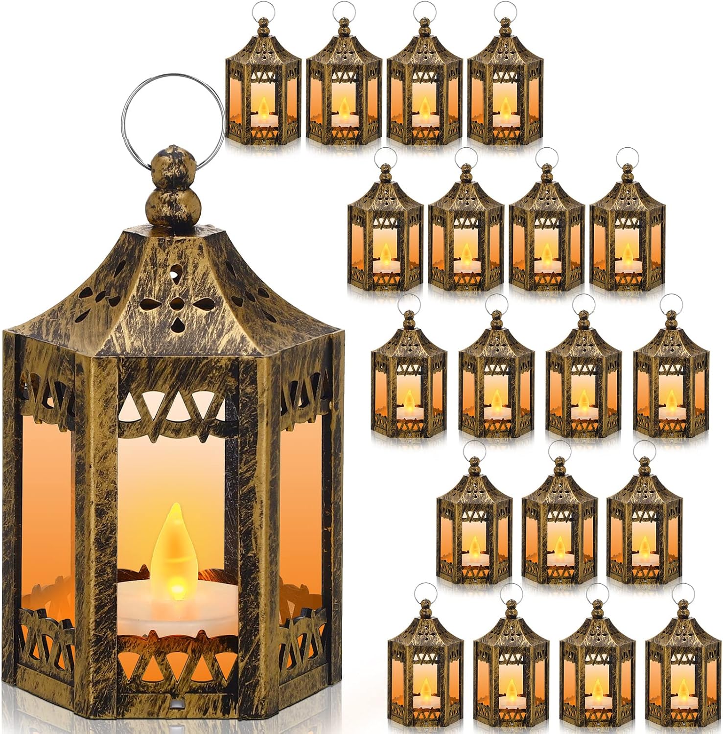 Hortsun 30 Pcs Vintage Mini Lantern with LED Candles Ramadan Decorative Wedding Centerpiece Eid Mubarak Diwali Hanging Lantern Include Button Batteries Home Decor(Gold)