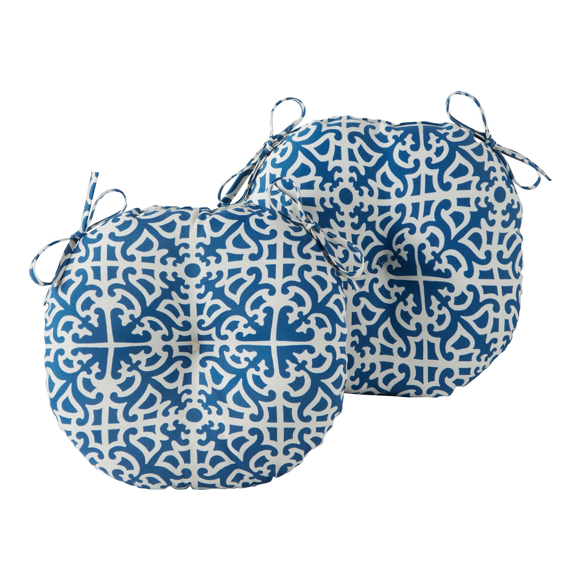 South Pine Porch Outdoor 15-inch Round Bistro Chair Cushion, Set of 2, Indigo Lattice