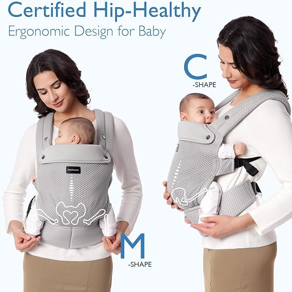 Momcozy Baby Carrier for 3-24M/3.2-20kg, Waist 64-127cm, Air Mesh-Grey | IHDI certified for healthy hip development, with X shaped back for balanced support and padded leg openings for comfort