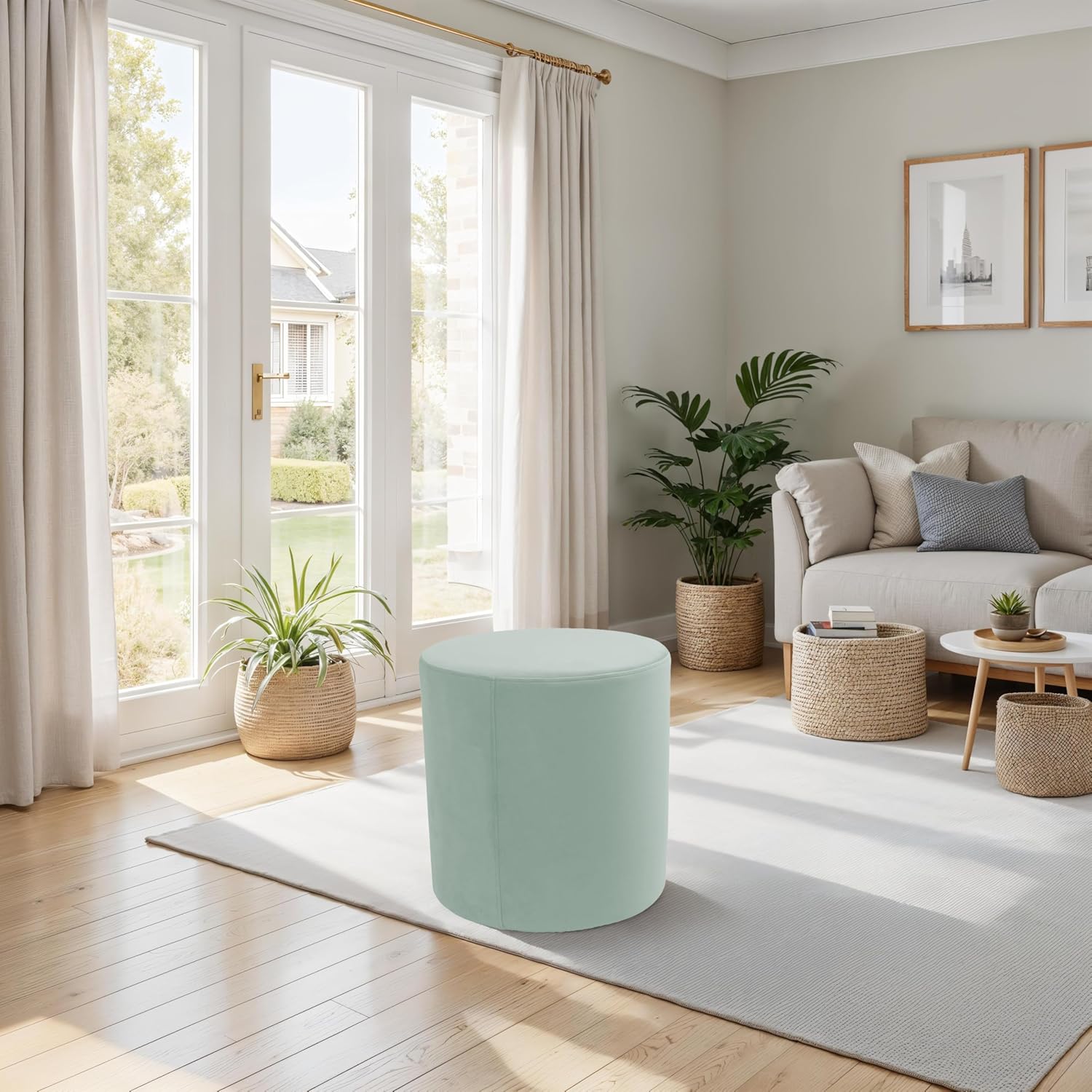 FDP Everyday 18 inch Round Ottoman; Microfiber Upholstered Accent Stool for Modern Home Decor, Lightweight and Modular for Extra Seating, Lounging or Footrest, 19" Height - Aloe