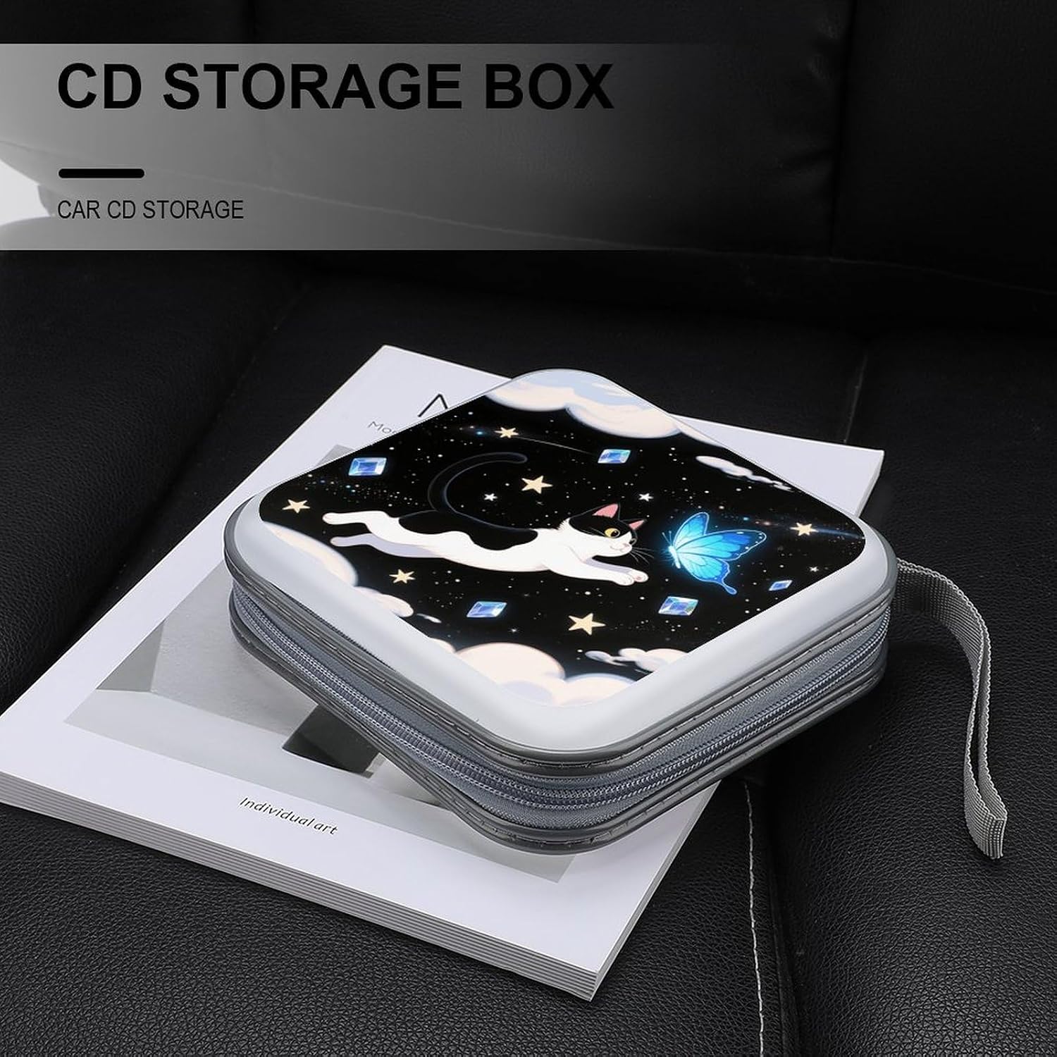 Funny Kitten Playing With Butterfly CD Case Portable Zipper CD Case 40 Capacity Hard Plastic DVD Cases Holder Large Storage Disc Wallet Bag for Car Home Travel DVD Collection Bag