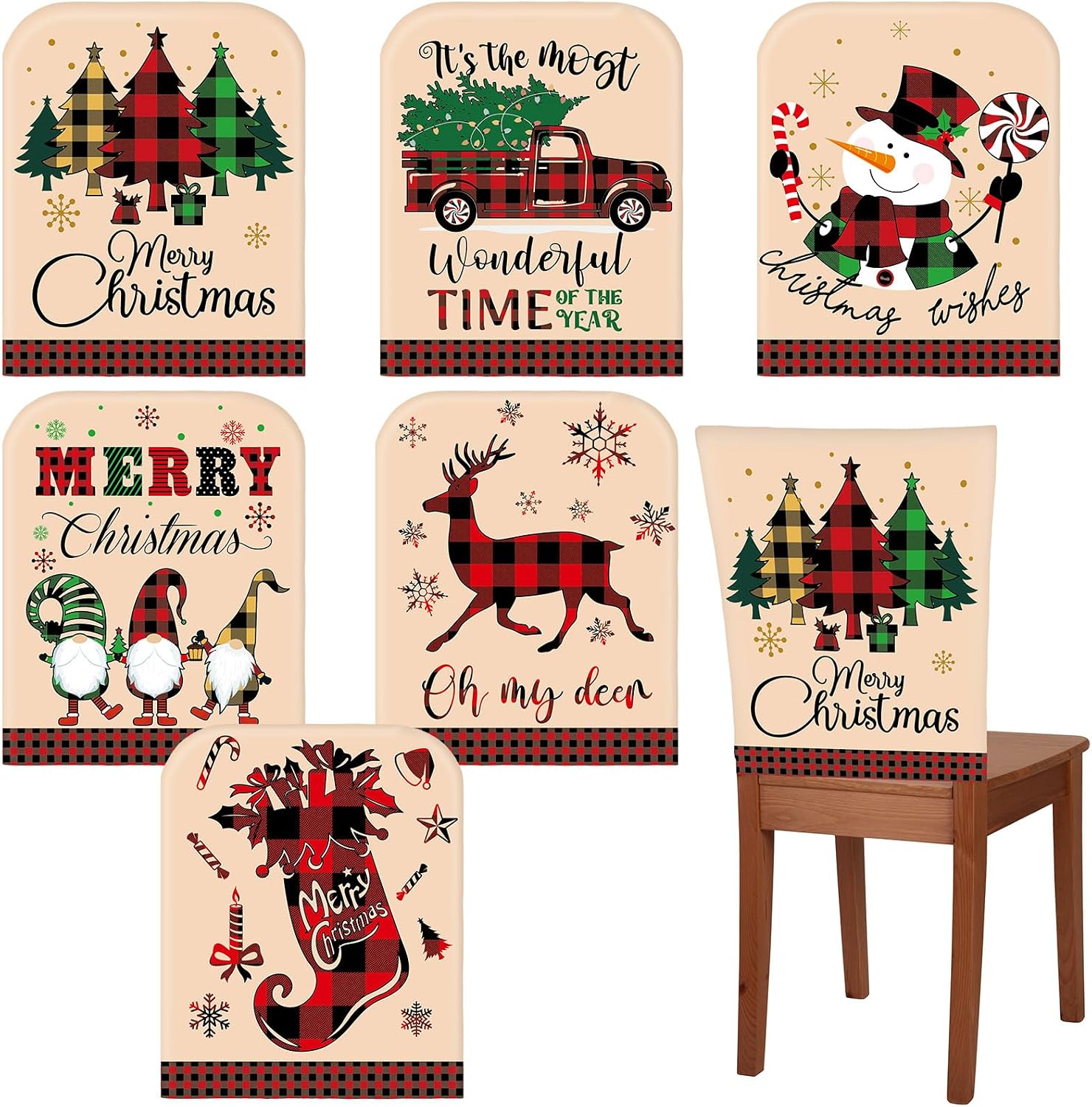 Ganeen 6 Pcs Christmas Chair Cover Buffalo Plaid Dining Chair Santa Claus Hat Shoes Felt Slipcovers Merry Christmas Back Covers for Banquet Kitchen Holiday Party Decoration(Elf Hat Style)