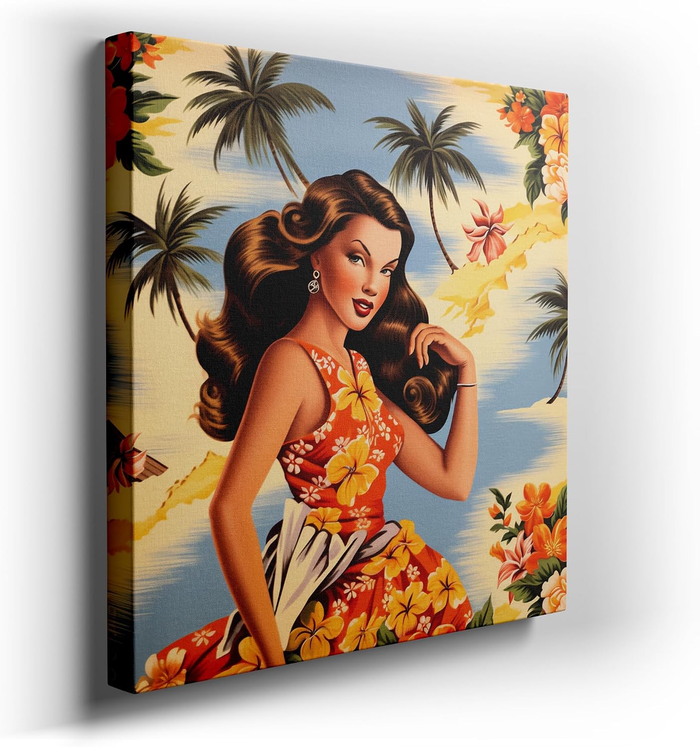 Canvas for Living room. Tropical Elegance in Bloom: Step into a Bygone Era with a Vintage Hibiscus Dream, 27 x 18 inch Canvas Wall Art - Ready to Hang