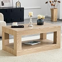 39.4" Wooden Coffee Table, 2-Tier Rectangle Mid Century Modern Wood Center Table with Open Storage Shelf, Farmhouse MDF Cocktail Tea Table for Living Room Home Office, Light Wood