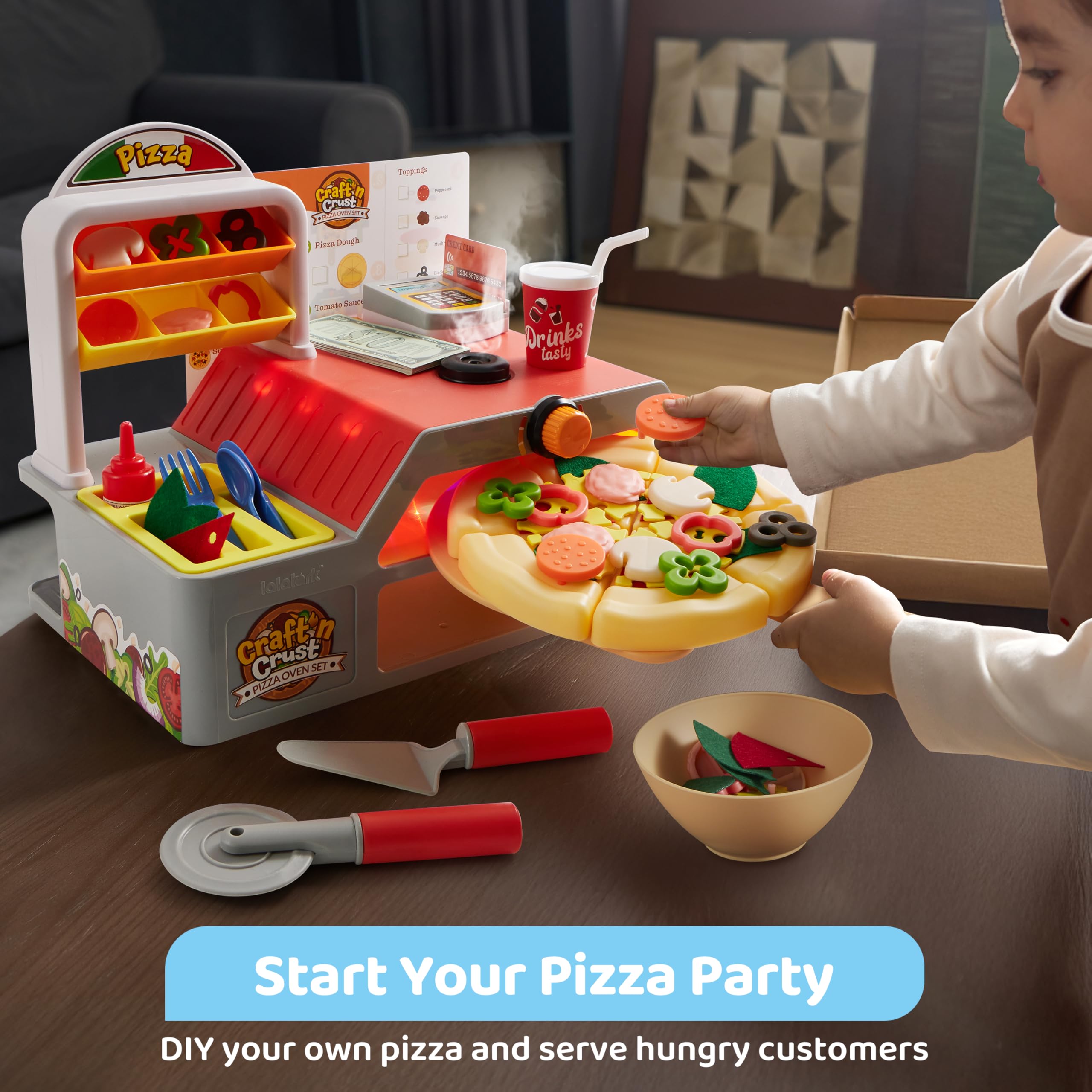Play Kitchen Food Toy - Pretend and Play Toddler Toys - 78 PCS Pizza Oven with Pretend Smoke, Light & Sound and Color-Changing Toppings - Birthday Gift for Boys Girls