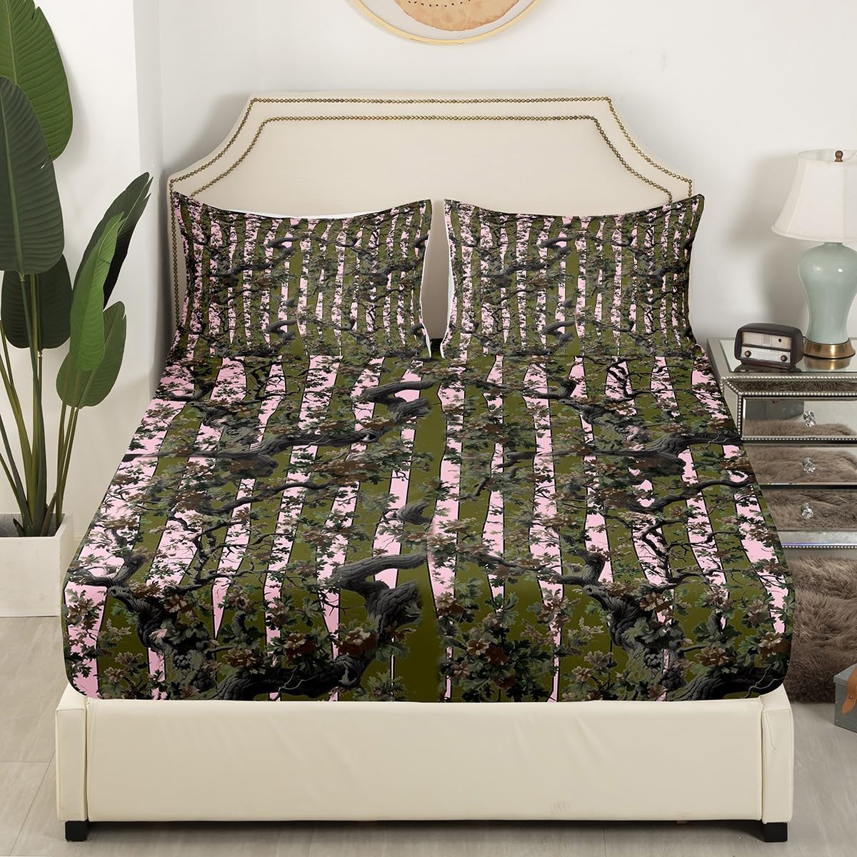 Feelyou Pink Camouflage Sheets,The Woods Camouflage Bedding Set Queen Size,Rustic Farmhouse Camo Bed Sheets,Hunters Cabin or Rustic Lodge Sheets Set,1 Fitted Sheet+2 Pillow Sham+1 Flat Sheet