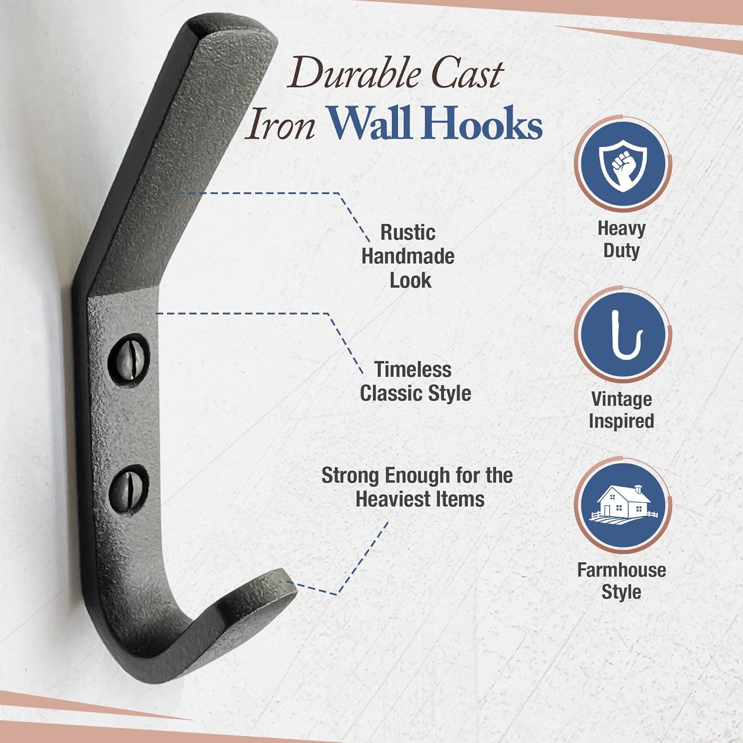Cast Iron Coat Hook (5 Pack) Heavy Duty Modern Farmhouse Entry Wall Hooks for Hanging Coats, Bags, Jackets, Towels (Black, Includes Hardware) (Antique Black) - Image 2