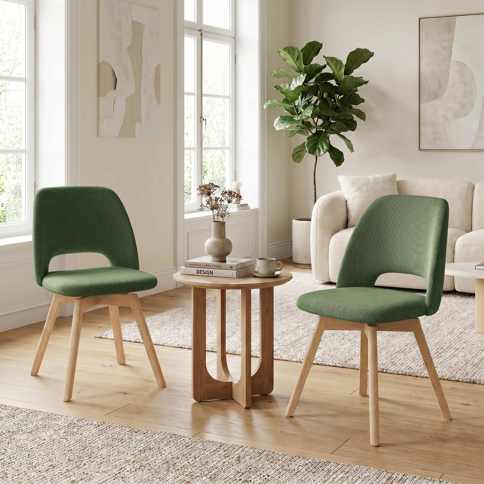 JIJIAN Juego de 2 Sillas de Comedor Giratorias 360° con Patas de Haya | Silla Acolchada Ergonómica, para Salón, Cocina, Dormitorio y Estudio, Verde