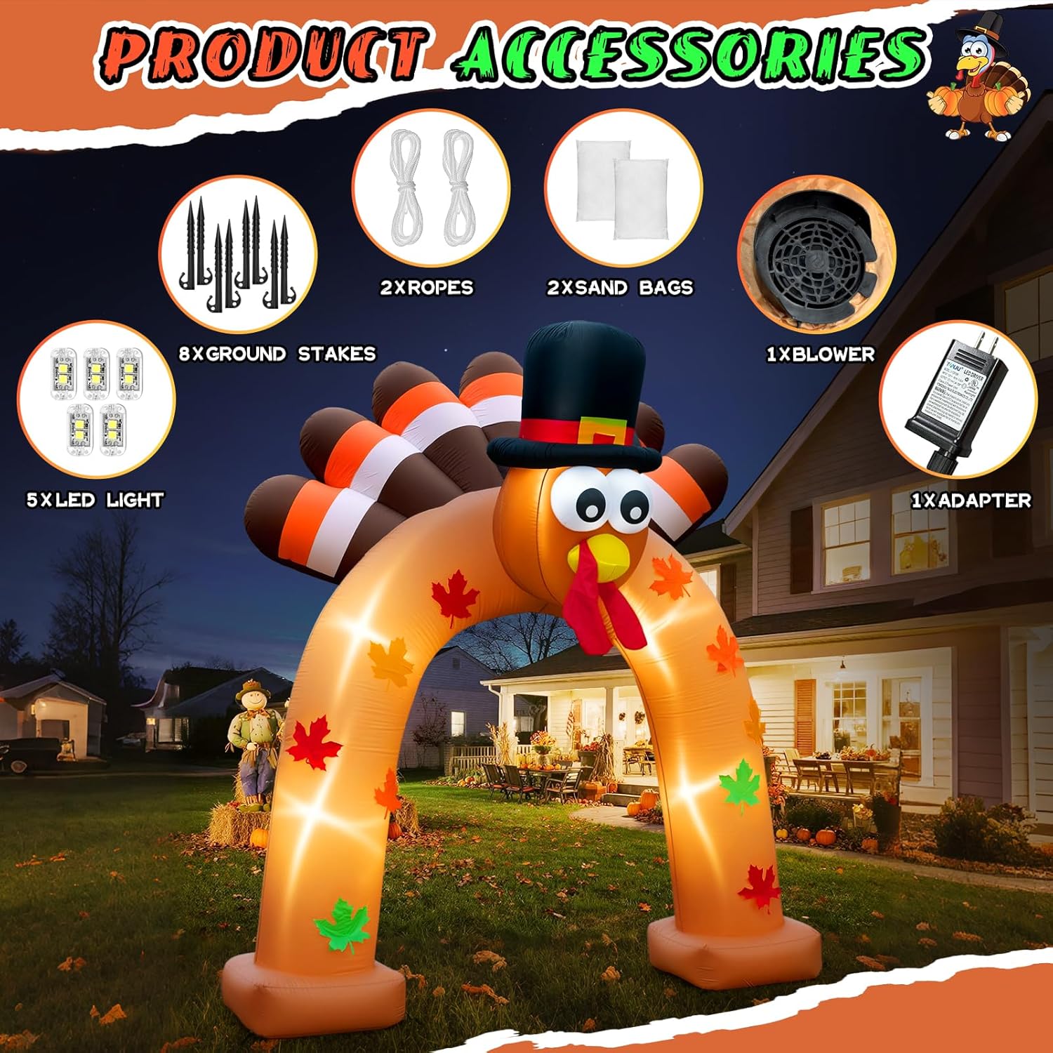 Spinosaurus 9FT Thanksgiving Inflatable Turkey Arch Thanksgiving Inflatables Outdoor Decorations Blow Ups Turkey Archway with LEDs for Yard Decor