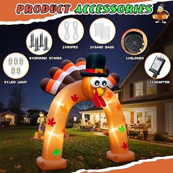 Spinosaurus 9FT Thanksgiving Inflatable Turkey Arch Thanksgiving Inflatables Outdoor Decorations Blow Ups Turkey Archway with LEDs for Yard Decor