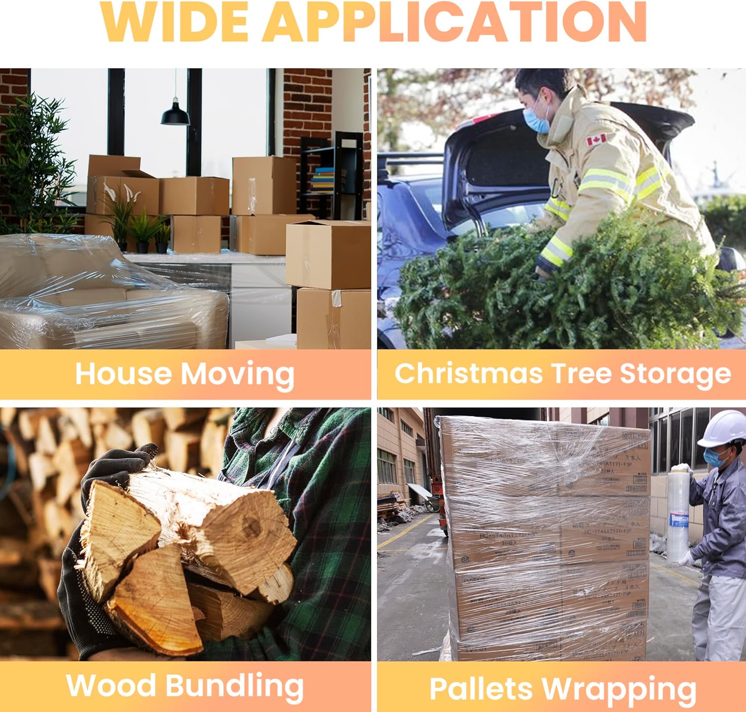 TAPEBEAR 4 Rolls Stretch Wrap Heavy Duty 15" x 1000 Ft, 80 Gauge Industrial Strength Shrink Wrap, High Performance Clear Plastic Wrap Self-Adhering for Furniture Moving, Luggage Packing, Pallet Wrap