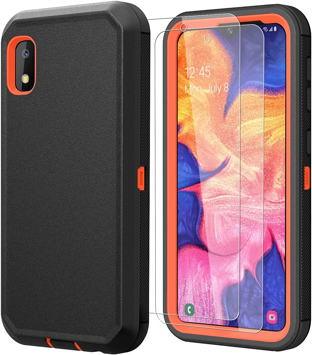 ComoUSA Compatible with Galaxy A10e Case, Samsung Galaxy A10e Case with HD Screen Protector [2 Packs], Heavy Duty Hard Shockproof Armor Protector Case [Military-Grade] for Samsung A10e, (Black-Orange)